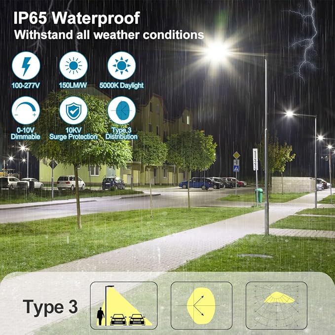 150W LED Parking Lot Light with Photocell Outdoor Dimmable LED Pole Lights with Slip Fitter &amp Arm Mount in 1 22500LM 5000K 100-277V IP65 150W/100W/80W Power Tunable ETL