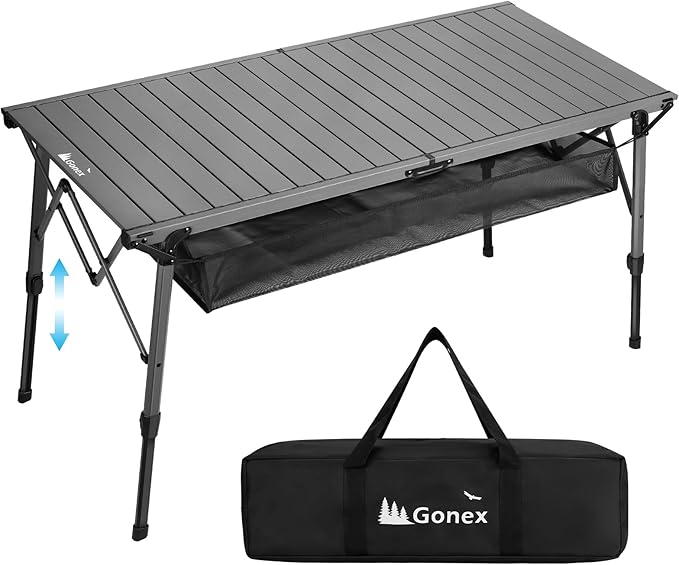Gonex 50 Camping Table with Adjustable Height Legs for Uneven Ground Portable Folding Aluminum Roll Up Table with Mesh Pocket for Camping Picnic BBQ Cooking