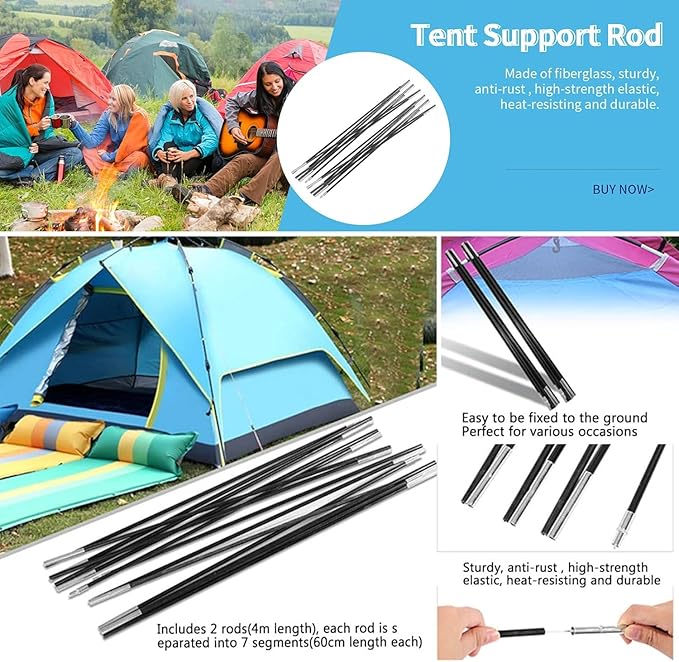 Tent Tarp Poles 4.9M/16.1ft Universal Fiberglass Camping Tent Pole Bars Camping Awning Poles Support Frames Kit for Camping Hiking Canopy