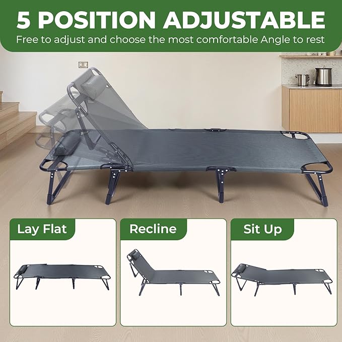 Portable Camping Cot for Adults with Removable Mattress Double Layer 1200D 330lb Foading Cot Heavy Duty Camping Bed with Pillow 4-Position Reclining for Guest Sleeping (Gray)