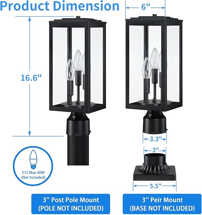 16.6'' Dusk to Dawn Post Light Outdoor Large 3-Light Lamp Post Light Fixture Modern Pillar Outside Lighting Waterproof Post Lantern Pole Lights for Porch 1 Pack (Not Include Mounting Base)