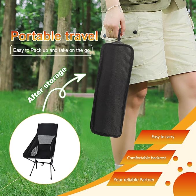 IEJ High Back Camping Chair Ultra-Lightweight Compact Folding Backpacking Chair for Adults with Carry Bag Quick Setup for Outdoor Camping Beach &amp Hiking Travel-Black