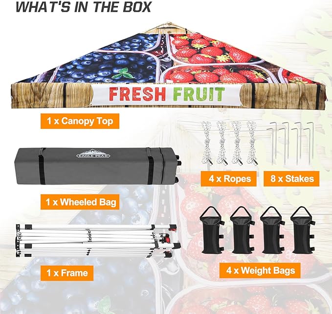 EAGLE PEAK Pop Up Canopy Tent with Wheeled Carry Bag 8 Stakes 4 Ropes 4 Weight Bags Easy Set Up Tent Canopy 10x10 ft 100sqft of Shade Fruit Stand