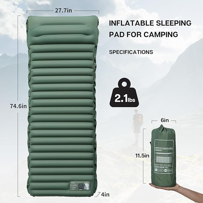 Inflatable Sleeping Pad for Camping Ultralight Camping Mat Air Mattress Built-in Pump Durable Waterproof Compact Sleeping Mat for Outdoor Backpacking Hiking Green