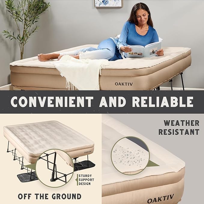 Queen Air Mattress with Frame Self Inflating/Deflating Blow Up Bed for Adults - PeakRest Camping Cot with Mattress - Portable Queen Size with Travel Rolling Case on Wheels
