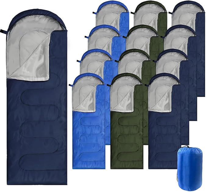 12 Pcs Camping Sleeping Bags Bulk 4 Seasons Warm Cold Weather for Homeless Waterproof Lightweight with Compression Bag Camping Gear Equipment for Adults Backpacking Hiking Travel