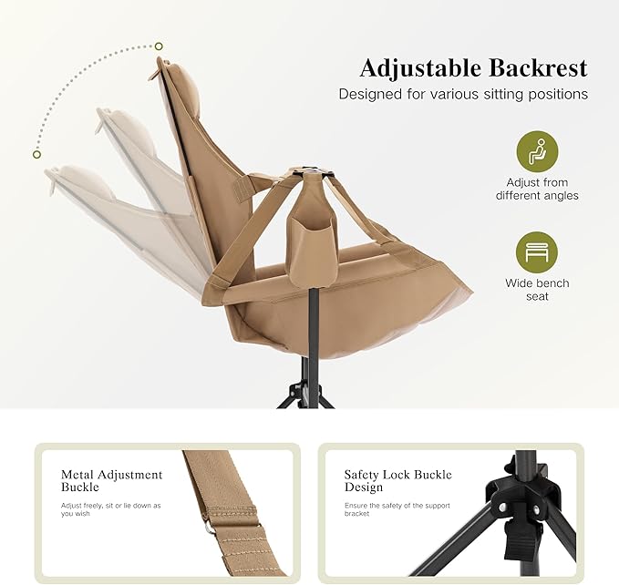 HIGH POINT SPORTS Hammock Camping Chair Adjustable Back Swinging Chair Folding Outdoor Rocking Chair Heavy Duty Portable Camp Chair with Cup Holder and High Back for Adults Beige