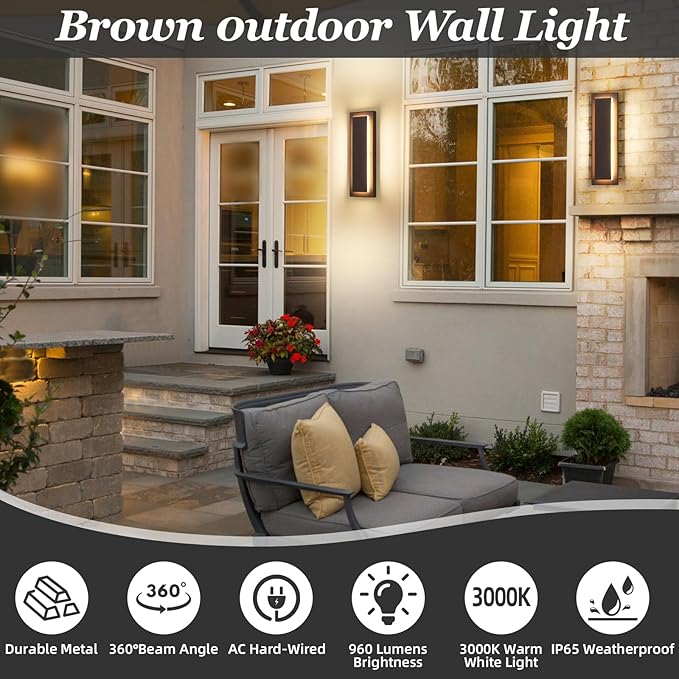 1Pack Brown Outdoor Wall Sconce Exterior Lights FixtureWaterproof Wall Lights for HousePorchPatioModern Outdoor LightsOutdoor Wall Lighting3000K Warm White15.7In