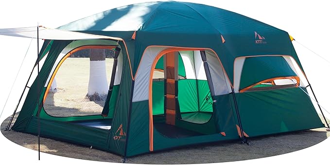 KTT Extra Large Tent 12 PersonFamily Cabin Tents2 Rooms3 Doors and 3 Windows with MeshStraight WallWaterproofDouble LayerBig Tents for OutdoorPicnicCampingFamily Gathering.