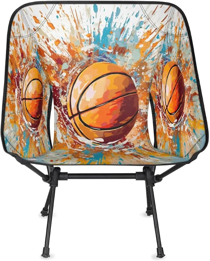 Basketball Colorful Camping Chairs for Adults Ultralight Folding Chairs Outside Portable Camp Backpacking Chair with Side Pocket Storage Bag Compact Beach Chairs for Hiking Fishing