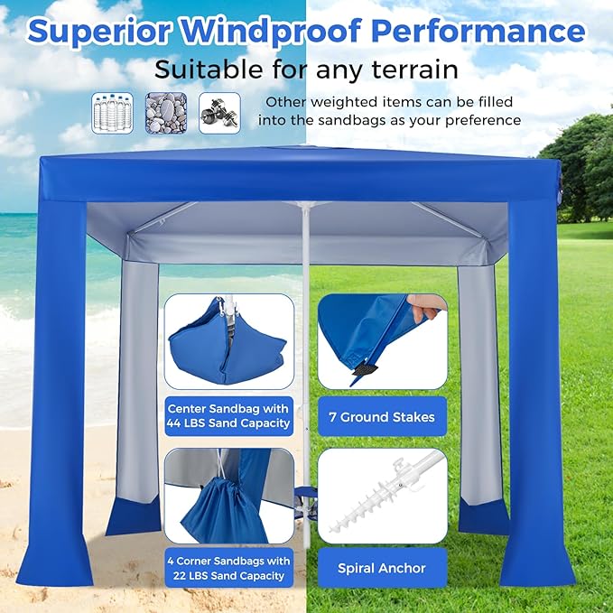 HAPPYGRILL Beach Canopy with Folding Table Outdoor Cabana with Detachable Sidewall Carrying Bag UPF 50+ Protection Sandbags Portable Outdoor Sun Shelter Tent for Beach Backyard