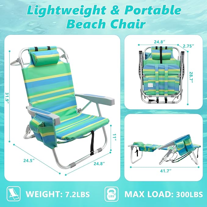 2 Pack Low Beach Chair for Adults5 Position Lay Flat Portable Folding Aluminum Reclining Backpack Beach Chairs Heavy Duty with Cup Holder Large Pocket for Outdoor/Lawn/Picnic/Fishing