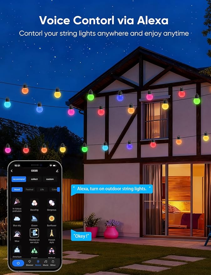 APPECK Outdoor String Lights 100ft RGBW Color Changing Patio Lights with 50 Dimmable LED Bulbs 111 Scene Modes IP65 Waterproof Lighting for Outside Party Backyard Pool Compatible with Alexa