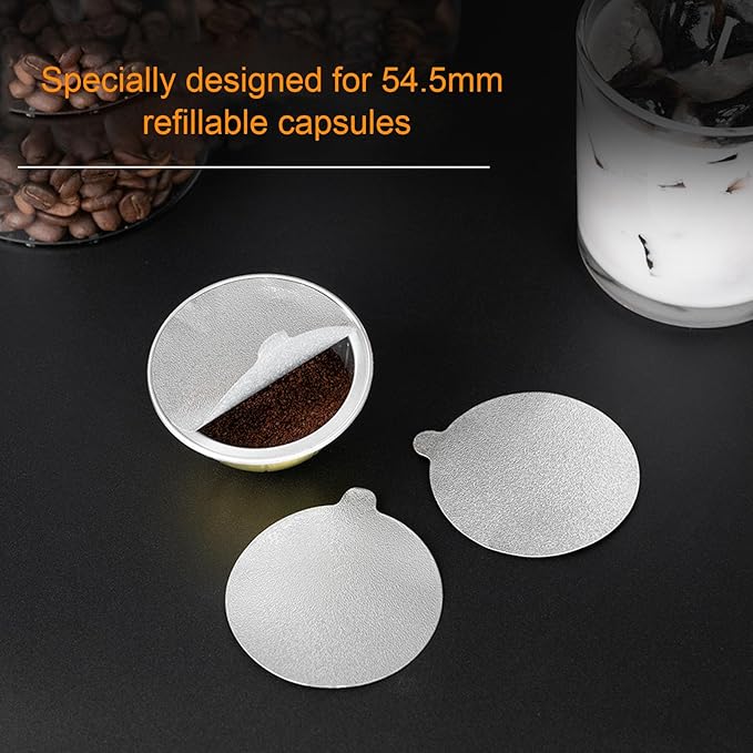 200PCS 54.5mm Aluminum Foil Pods Covers Refillable Coffee Pod Lids Reusable Capsule Seals with Food Grade Material for Home Kitchen Coffee Shop Office Camping Picnic