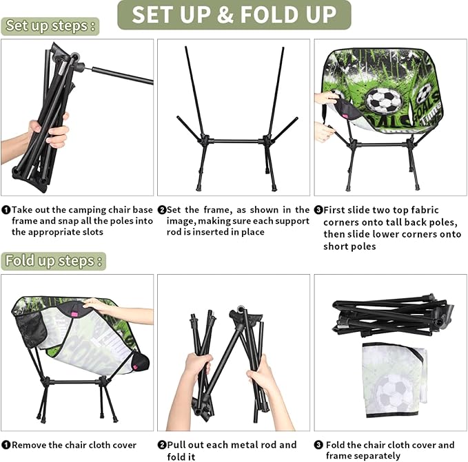 Sports Soccer Portable Camping Chair Folding Chairs for Outside Lightweight Backpacking Chair Outdoor Collapsible Beach Chairs for Adults Fishing Lawn Picnic Travel Hiking