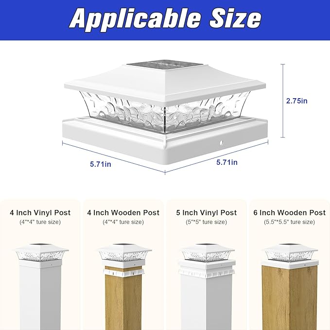 APONUO Solar Post Cap Lights 6 Pack for 4x4 5x5 6x6 Wood &amp Vinyl Fences - IP65 Waterproof All-Night Auto On/Off Warm/Cool White Light Outdoor Deck Patio Garden (White)