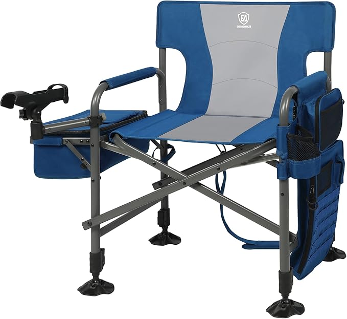 EVER ADVANCED Fishing Chair with Rod Holder and Cooler All Terrain Ice Fishing Chair with Adjustable Feet Mesh Back Folding Camping Chair with Shoulder Strap Heavy Duty Supports 350LBS