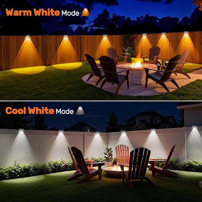 NIORSUN Solar Fence Lights12 Pack Deck LightLed Outdoor Lamp 3000K/6000K + RGB Wall LightsIP45 Waterproof Solar Powered Light for Backyard/Pool/Railing/Patio/Porch/Step (White)