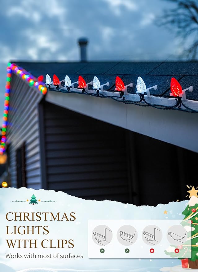 C9 Led Christmas String Lights 68 Ft 100 LED Strawberry Roof Lights with 100 All in One Clips Commercial Grade Waterproof Extendable for Indoor Outdoor Roofline Home Xmas Decor Red &amp Pure White