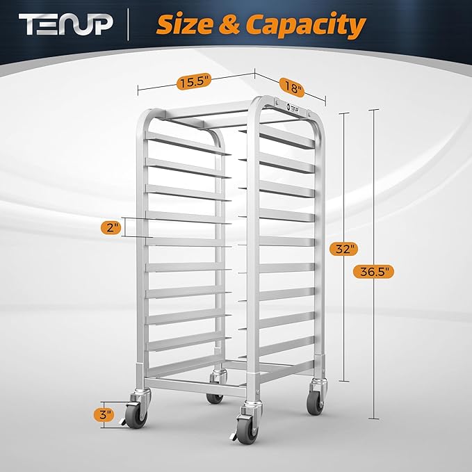 TenUp 10-Tier Half Size Sheet Pan Rack Heavy-Duty Aluminum Bakery Rack with Wheels – Commercial Cooling &amp Storage Cart – 18 L x 15.5 W x 36 H