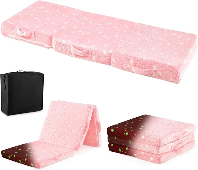 Costzon Foldable Pink Floor Mattress for Kids Glow in The Dark Toddler Floor Nap Mat w/Flannel Cover Tri-Folding Children Floor Bed for Sleeping Daycare Playroom School Kindergarten or Nursery