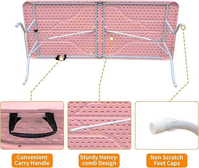 6 FT Folding Table with Carry Handle Portable Fold-in-Half Plastic Table Rectangle Foldable Table for Indoor/Outdoor Beautiful Pink