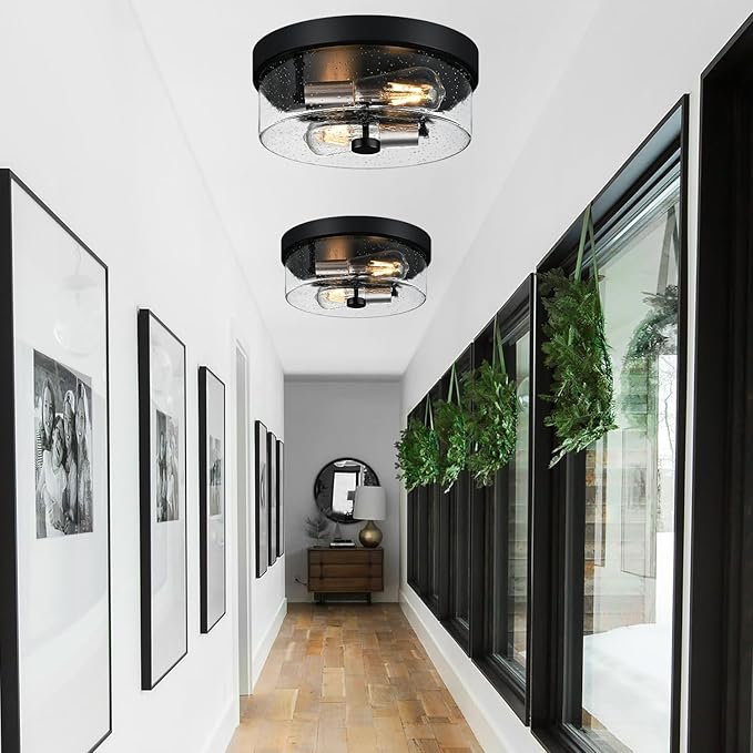 Flush Mount Ceiling Light Fixtures 2-Light Black and Silver Ceiling Mount for Farmhouse with Seeded Glass Lampshade Industrial Flush Mount Light Fixture for Hallway Kitchen Entryway and Foyer