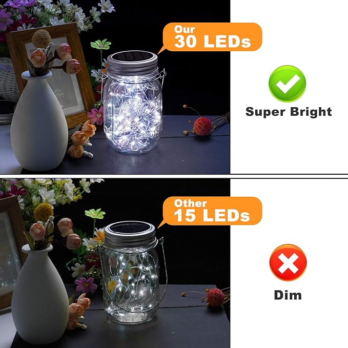 Mlambert Mason Jar Solar Lights 30 LEDs 6 Pack Hanging Solar Lanterns Outdoor Waterproof Fairy Lights Outdoor Lanterns for Patio Garden Cool White