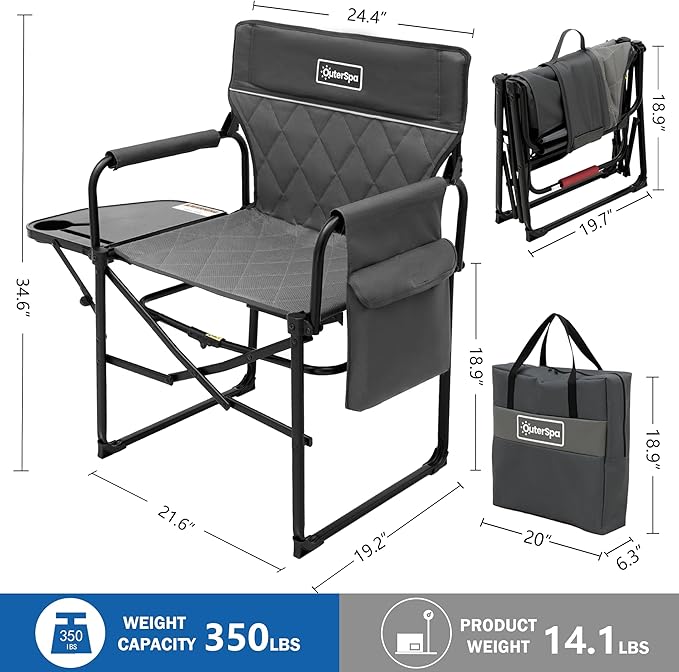 Oversized Directors Chairs Heavy Duty Folding Outdoor Chairs with Detachable Side Pocket and Adjustable Side Table for OutsideLawnFishing Folding Camping Chair up to 350Lbs Capacity (Grey)