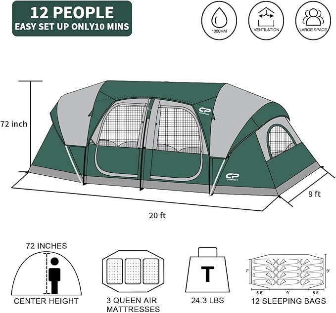 CAMPROS CP Tent 12-Person-Camping-Tents3 Room Family TentsWaterproof Windproof Family Tent with Top Rainfly6 Large Mesh WindowsDouble LayerEasy Set Up Portable with Carry Bag-20' x 9' x 72(H)
