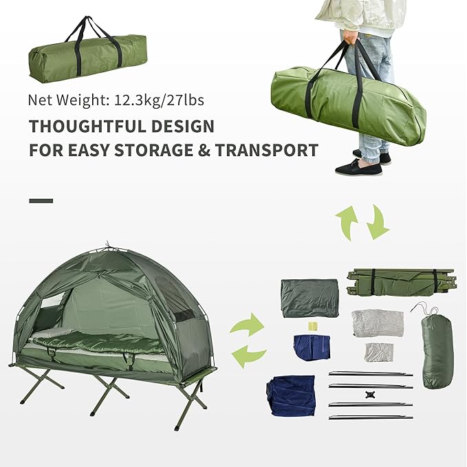 Single Person Elevated Camping Tent Cot Combo: Off-Ground Folding Cot with Attached Weather-Resistant Shelter &amp Carry Bag for Backpacking Hiking and Outdoor Adventures