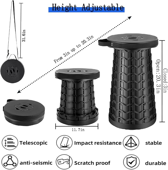 20.3“Collapsible Stool for Adults Heavy Duty 1000lbs Load Capacity Folding Stool Wider Seat&ampTaller Height Portable Seat Telescoping Chair for Camping Parade Sporting Event Campfire Party
