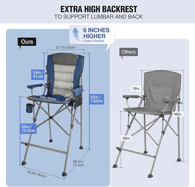 Extra Tall Folding Chairs for Adults 2 Pack Portable Bar Height Foldable Director Chairs for Camping Outside Comfortable with Makeup PocketHigh Back and Footrest Blue and Black