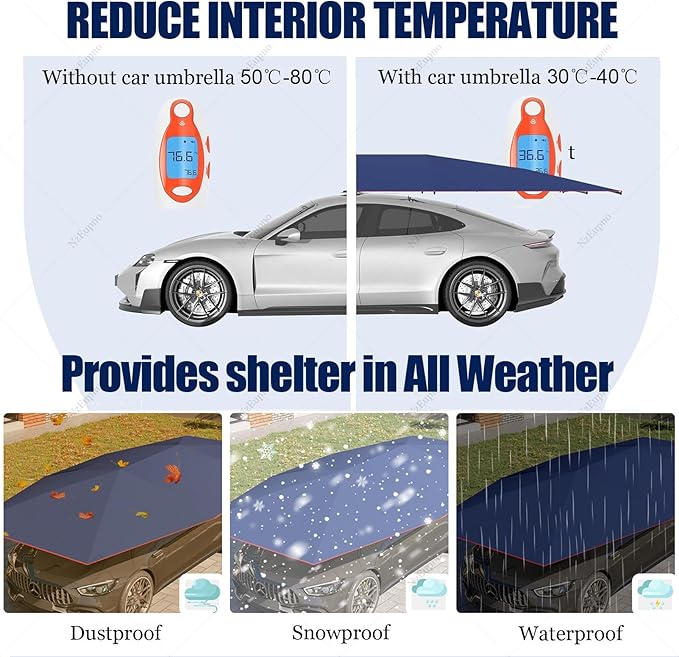 Automatic Car Umbrella Universal Sun Shade Canopy with Remote Control Car Cover Tent Snow/Frost/Hail Protection Auto Garage Shelter for Outdoor Black-5.2m