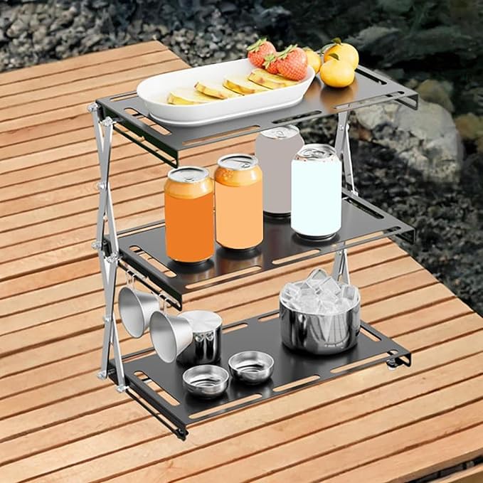 Camping Foldable Storage Rack Outside Tabletop Easy Assembly Multifunction Cookware Hanging Rack for Barbecue Mountaineering Three Layers