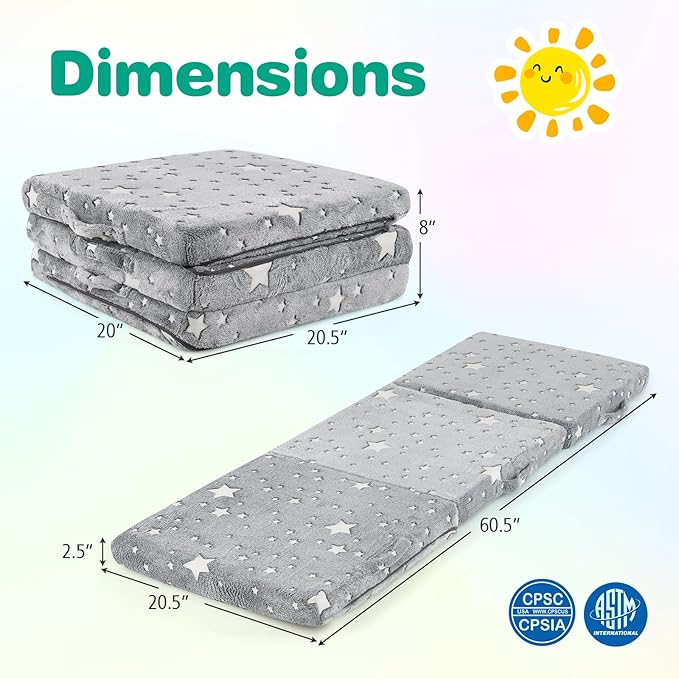 Costzon Foldable Floor Mattress for Kids Glow in The Dark Toddler Floor Nap Mat w/Washable Flannel Cover Tri-Folding Children Floor Bed for Sleeping Daycare Playroom School Kindergarten or Nursery