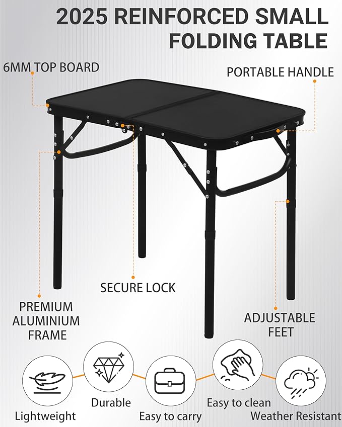 LOFTEY 2025 Reinforced Small Folding Table Portable Small Foldable Camping Table Heavy-Duty Mini Folding | 2 Adjustable Height | Lightweight Aluminum with Handle | 25 x 16 x 22 Black