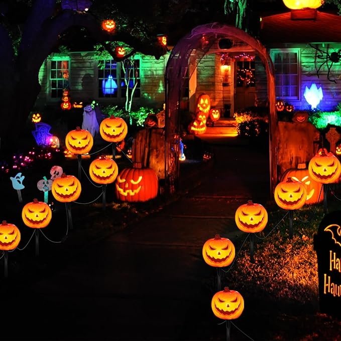 SUNSGNE Halloween Pathway Lights Set of 4 Halloween Pumpkin Stake Lights with 5 C7 LED Light Bulbs(1 Spare) Connectable Pumpkin Light for Path Walkway Driveway Garden Decorations