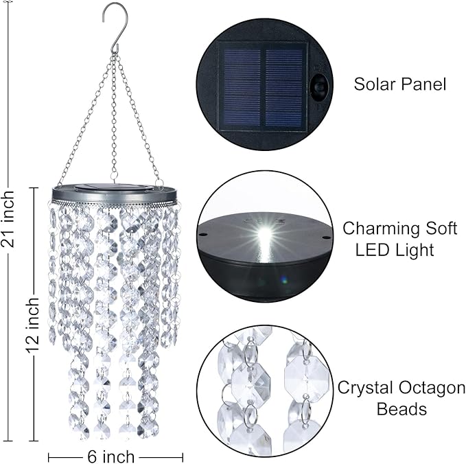 Hanging Solar Crystal Chandelier Outdoor 21” Modern Solar Transparent Acrylic Beaded Lantern with Cool White LED S Hooks for Garden Yard Patio Gazebo Outside Decor