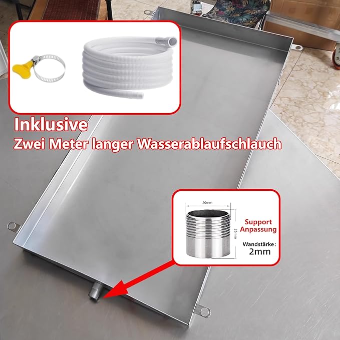 Heavy Duty 304 Stainless Steel HVAC Drain Pan - AC Condensate Drip Tray with Drain Hose for Leak Prevention in AC Units Garages &amp Laundry Areas (24x20 in 60x50 cm)