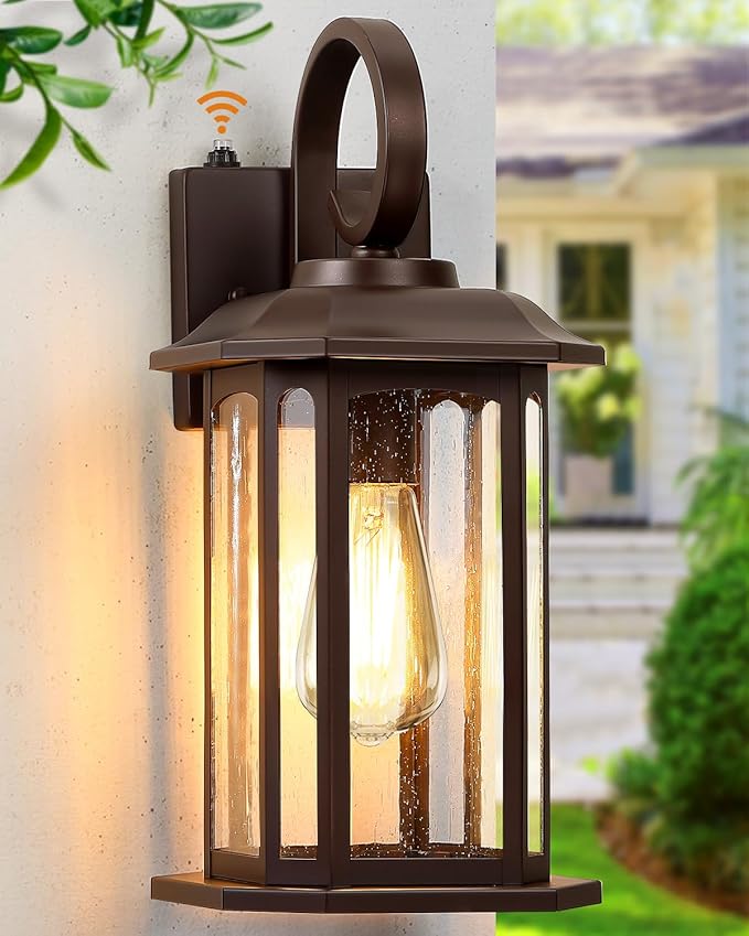 16.8'' Large Dusk to Dawn Outdoor Wall Lights Brown Exterior Lighting Fixtures Wall Sconce with Seeded Glass Waterproof Front Porch Light Outside Lantern for House Patio Garage 1Pack