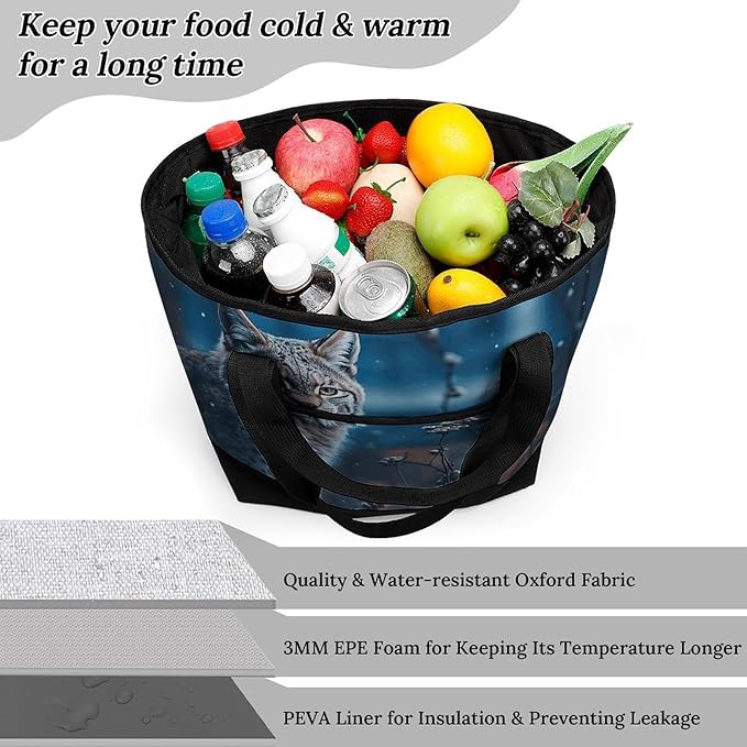 Insulated Shopping BagLarge Reusable Cooler Bags Female Lynx Printed Foldable Shopping BagTravel Waterproof Shoulder Bag