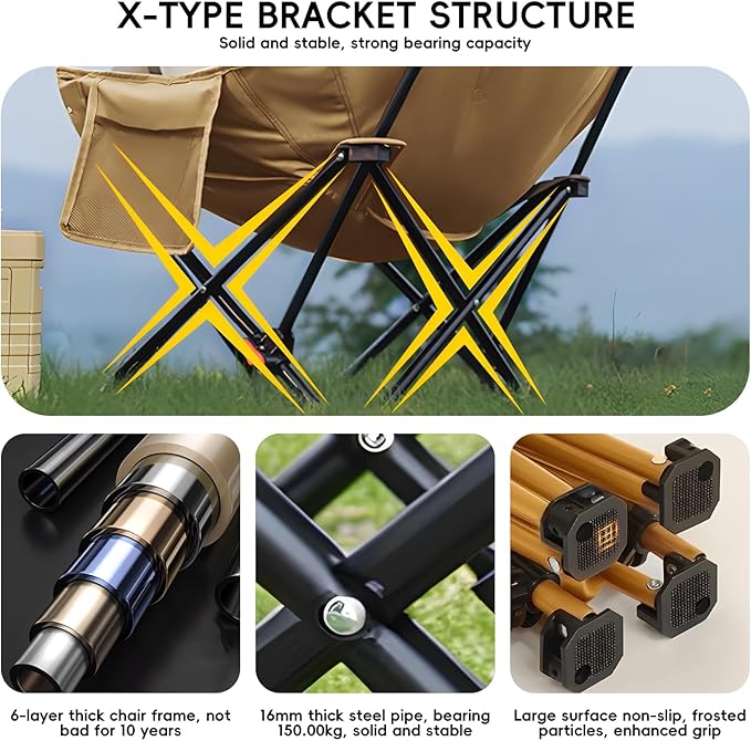 Outdoor 3-Layer Padding High Back Moon Chair with Thick Cotton 600D Oxford Fabric Portable Folding Camping Chair with Side Pocket Supports up to 300lbs (Brown)