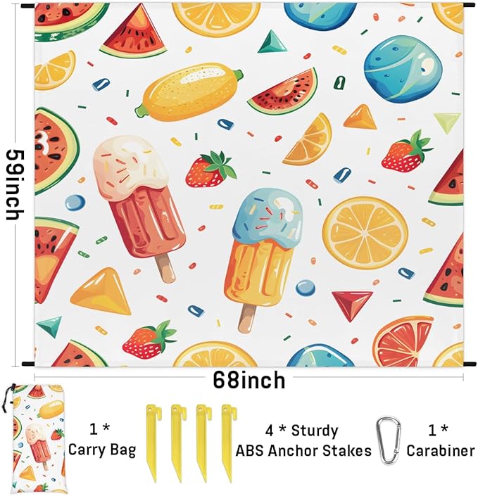 Waterproof Sandproof Beach Blanket 59''×68'' Fruit Polyester Outdoor Picnic Blanket with 4 Stakes &amp Storage Bag for BeachCampingVacation Watermelon