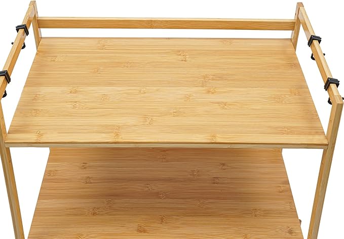 2 Tier Bamboo Kitchen Countertop Microwave Shelf with 4 HooksAdjustable Spice RackKitchen Counter Storage ShelfWood Color