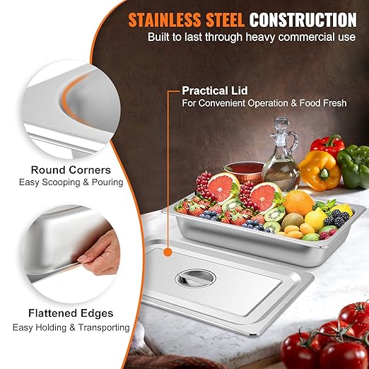 VEVOR 4 Pack Stainless Steel Hotel PansFull Size 4 Inch Deep 0.8mm Thick Anti Jam Commercial Food Pans with lidCatering Food Storage Metal Pan for Steam Tables Restaurants20.8 x 13 x 4 inch.