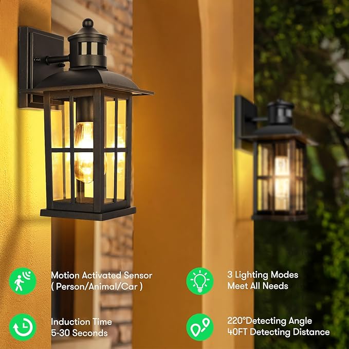 13in Motion Sensor Porch Light Anti-Rust 100% Aluminum Dusk to Dawn Outdoor Light Fixtures Exterior Wall Lantern Sconce Lighting Matte Black Outside Lights for House Wall Mount for Entryway Garage