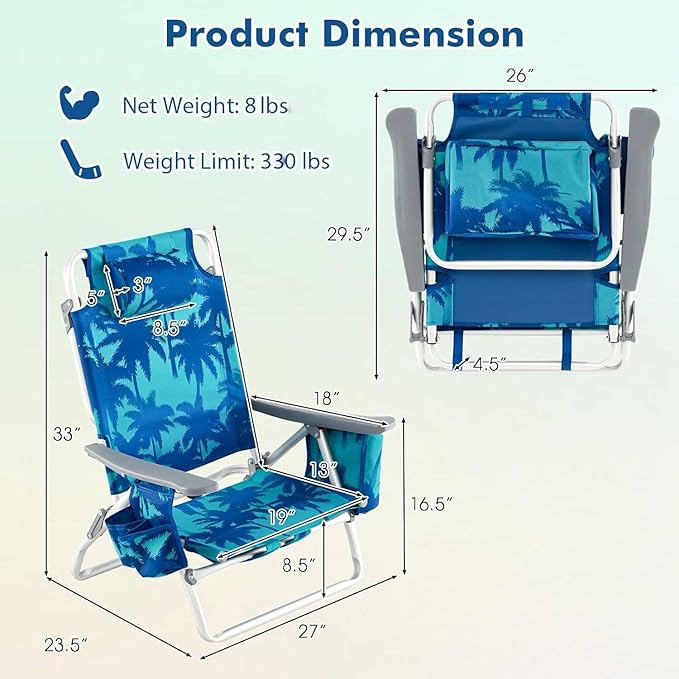 Tangkula Set of 2 Backpack Beach Chair 5-Position Lightweight Folding Lay Flat Beach Chairs with Cooler Bag 2 Cup Holders Towel Bar Backpack Straps