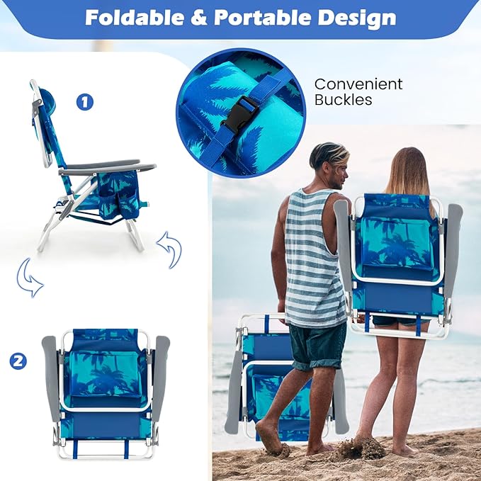 2-Pack Folding Beach Chairs Outdoor Patio Lawn Lounger with 5 Adjustable Position Cooler Pouch Headrest &amp Accessories Portable Camping Chairs for Outdoor Relaxation (1 Coconut Blue)