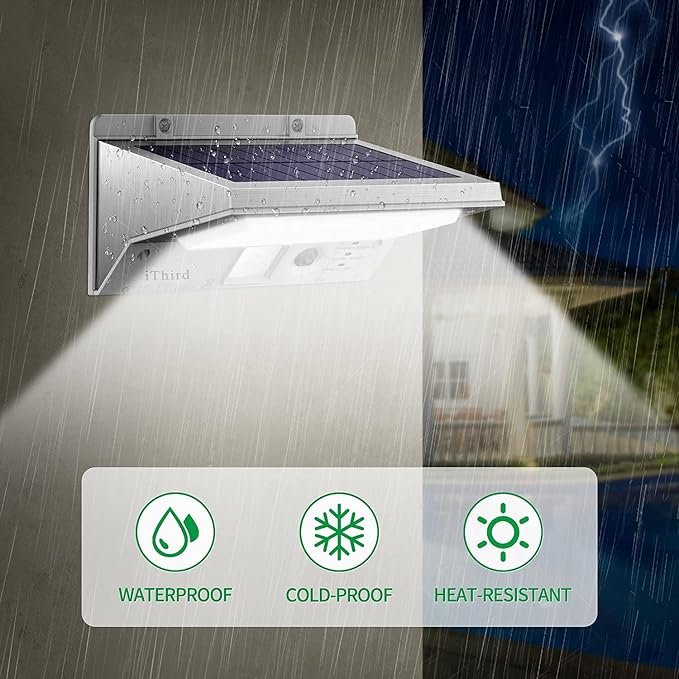 iThird Solar Powered Outdoor Lights Solar Lights Outdoor Motion Sensor Stainless Steel Solar Security Lights for Yard Patio Garage Waterproof Super Bright 2 Pack(Daylight)